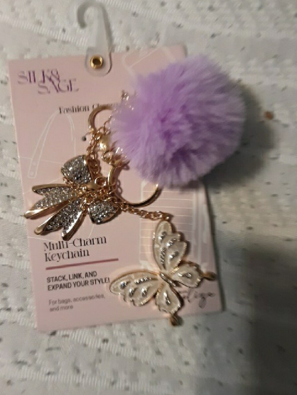Silk And Sage Lavender Pom-Pom Keychain with Gold Butterfly and Bow Charms - Picture 3 of 9